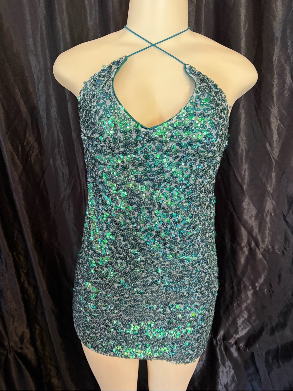 Lulu's Teal Sequin Halter Mini Dress